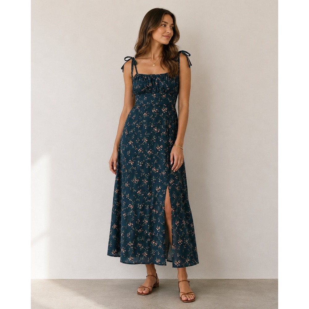 Shein Frenchy Womens Midi Dress M Green Teal Floral Sweetheart Slit Cottagecore - Picture 2 of 7